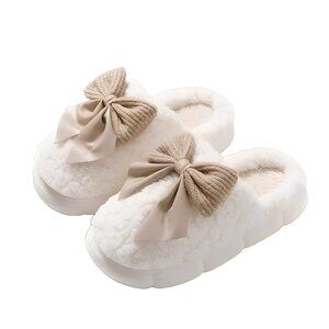 Women's  Bowknot Platform Slippers - Fluffy Faux Fur Winter House Shoes~~WHITE